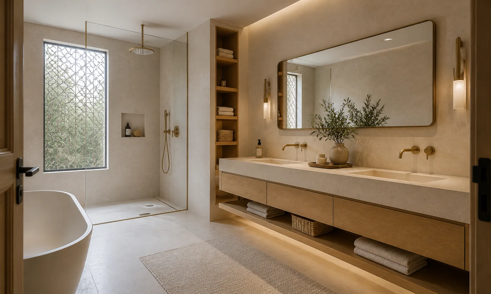 Warm stone bathroom with walk-in shower and floating oak vanity