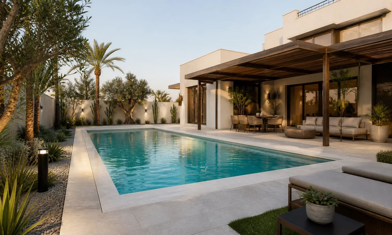 Private villa pool with pale stone terrace and shaded pergola