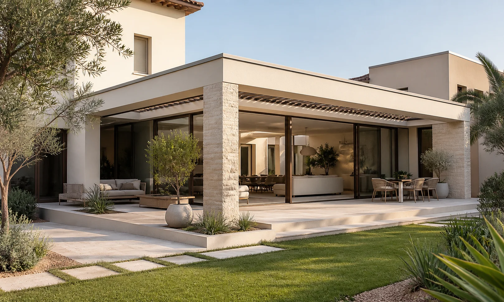Contemporary single-storey villa extension opening onto a garden terrace